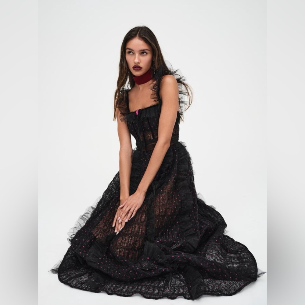For Love & Lemons Janelle Black Maxi Dress with Pink Accents